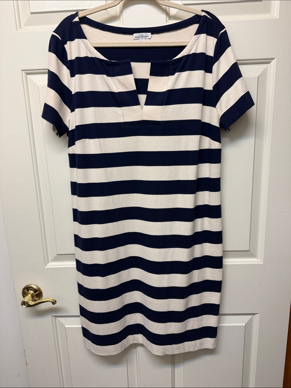 L.L. Bean Navy and Cream Striped Notch Neck Shift Dress